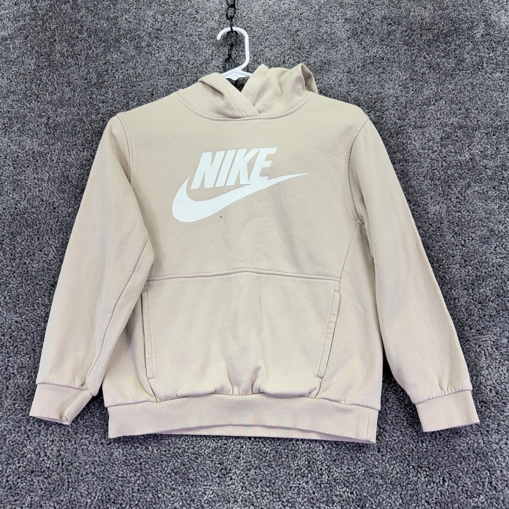 Nike Hoodie Kids Medium Beige Fleece Pullover Logo Kangaroo Pocket Casual Top